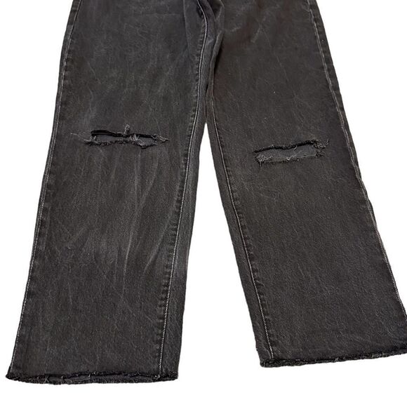 Zara Black Straight Leg High Waist Holes Knees Raw Hem Relaxed Denim Jeans - Picture 2 of 6